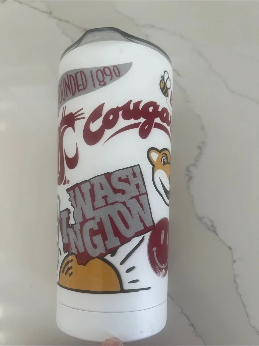 WSU Cougs! Corkcicle White Travel Tumbler with Maroon and Gold Graphics